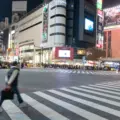 Bright shops and pedestrians around Shibuya Crossing in Tokyo at night