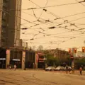 Orange wildfire haze over College Street and Spadina Avenue in Toronto