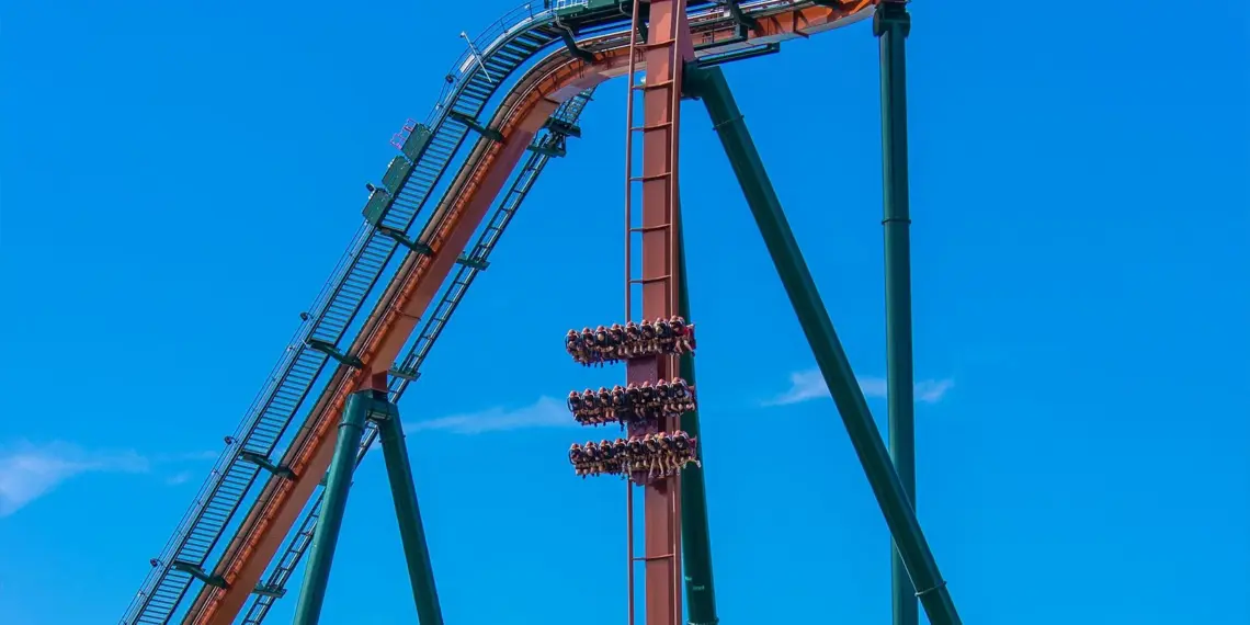 Riders hang above the first drop on Yukon Striker at Canada’s Wonderland