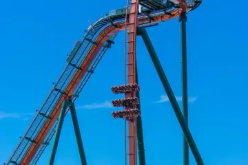 Riders hang above the first drop on Yukon Striker at Canada’s Wonderland