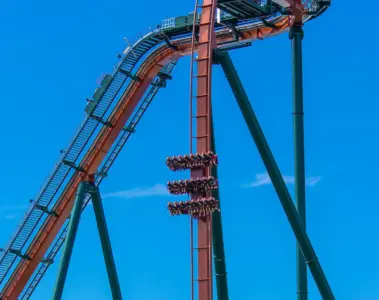 Riders hang above the first drop on Yukon Striker at Canada’s Wonderland
