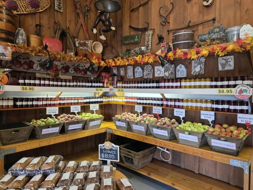 Apples, preserves and farm goods inside Albion Orchards' shop