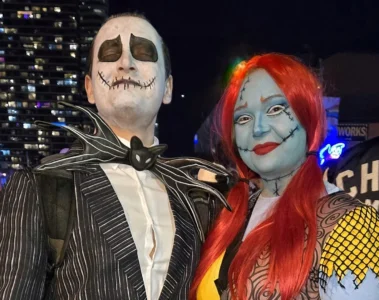 Visitors dressed as Jack Skellington and Sally at Halloween on Church