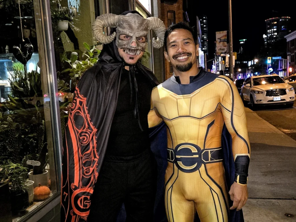 Two visitors wearing fantasy costumes at Halloween on Church