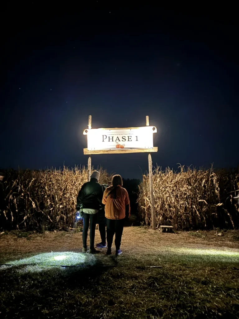 Two visitors entering the lit corn maze at Cooper’s Farm after dark