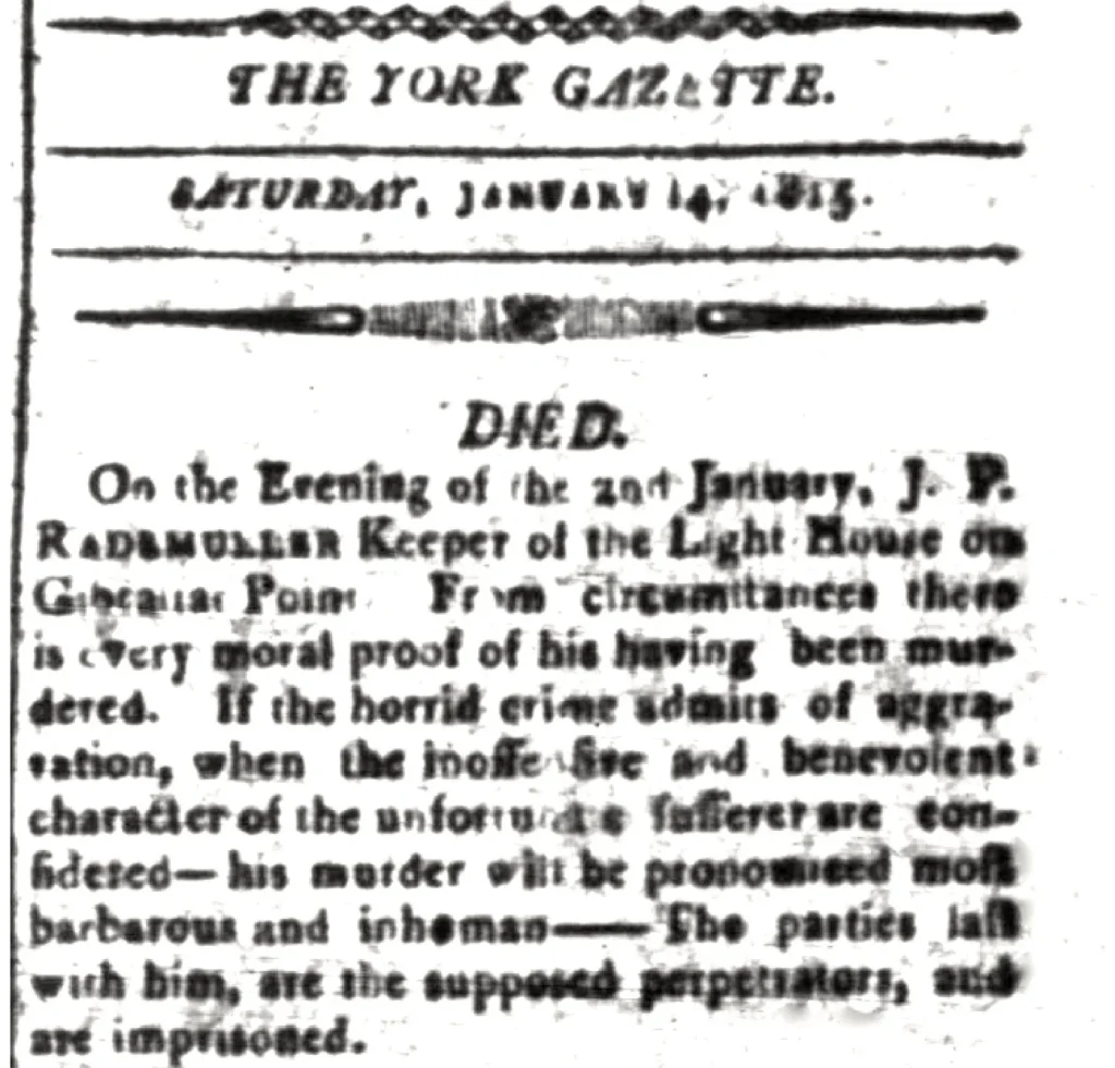 The York Gazette death notice for lighthouse keeper John Paul Radelmuller dated January 14, 1815