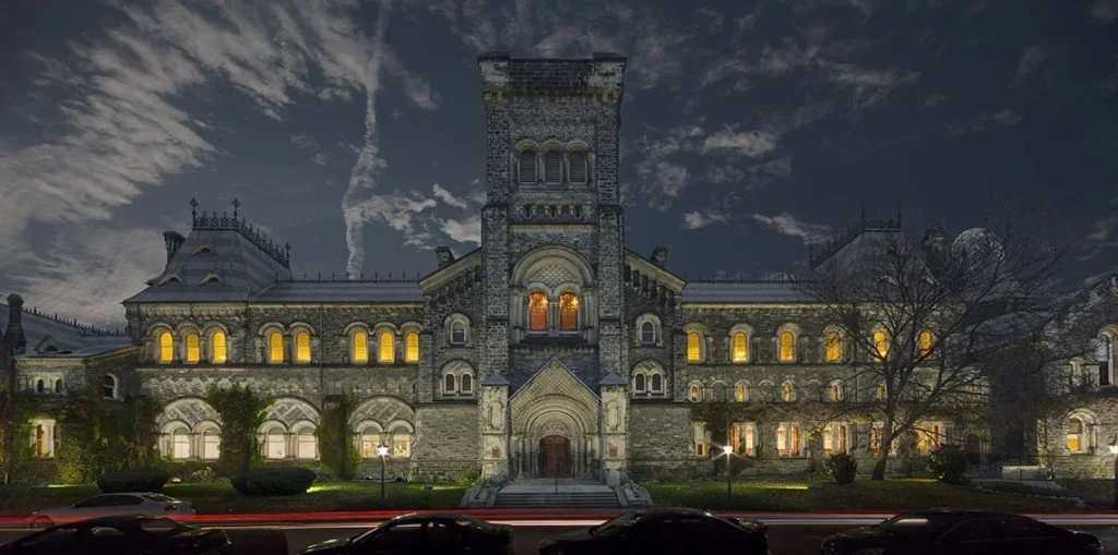 University College illuminated at night on the University of Toronto campus
