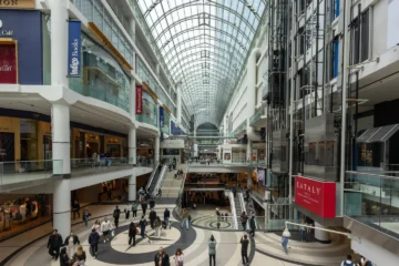 Shoppers on several levels beneath the glass roof at Toronto Eaton Centre