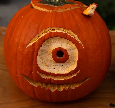 A one-eyed pumpkin carving at Harbord Village PumpkinFest in 2023
