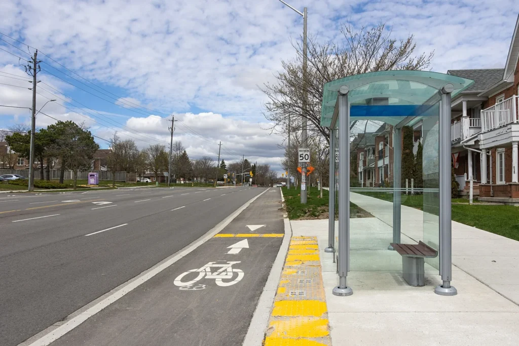 A TTC bus stop on Port Union Road at Lawrence Avenue East