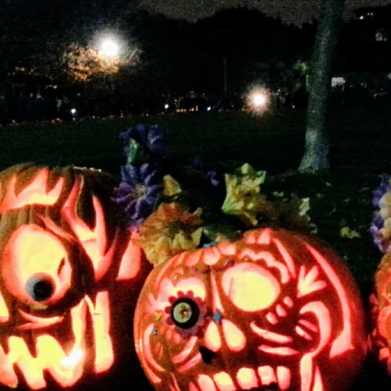 Glowing carved pumpkin faces at Sorauren Park