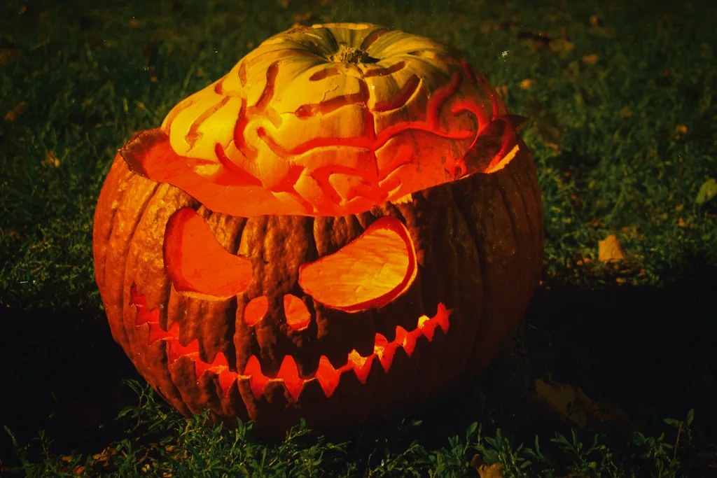 An elaborate glowing skull pumpkin on grass at Withrow Park