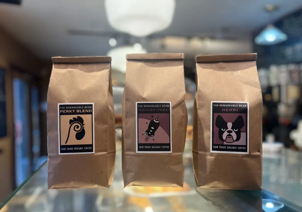 Bags of Remarkable Bean coffee on the café counter