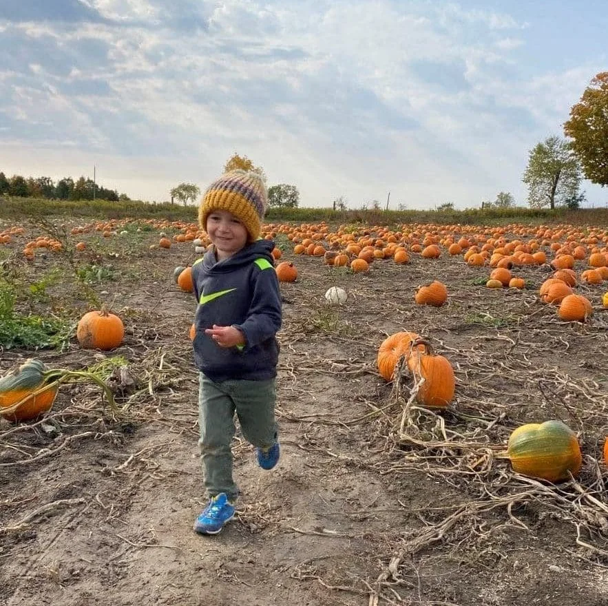 A child carrying a pumpkin in a field at Forsythe Family Farms
