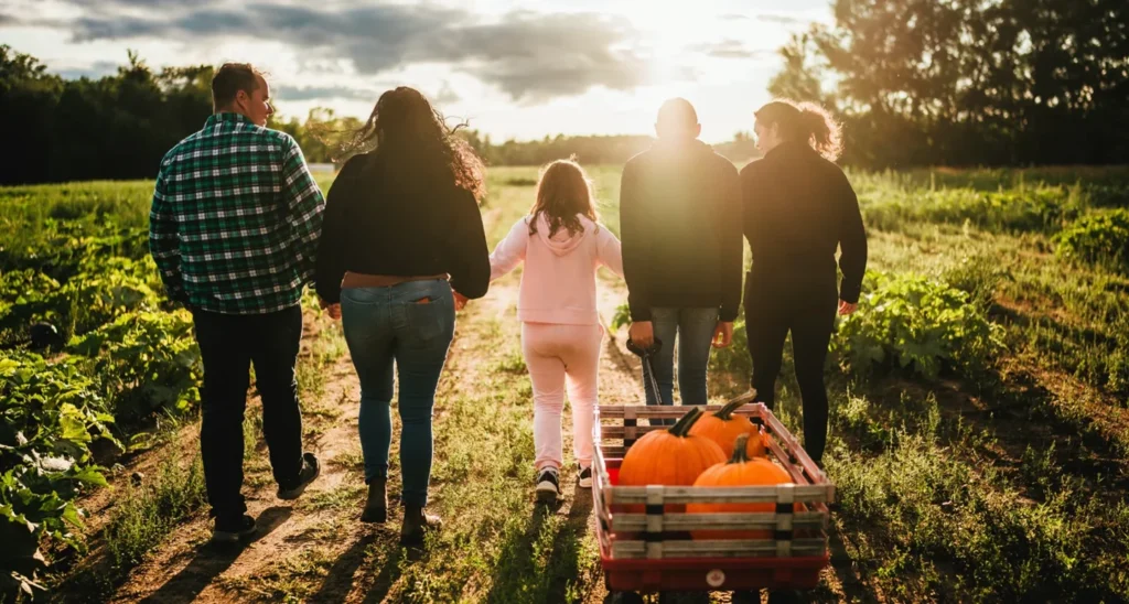 A family pulling a wagon of pumpkins along a path at Snyder’s Family Farm
