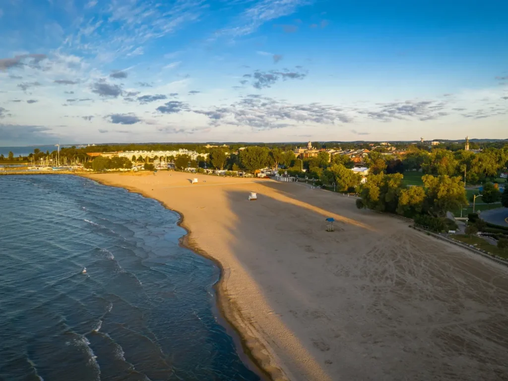 Aerial view of Cobourg beach, Victoria Park and the waterfront
