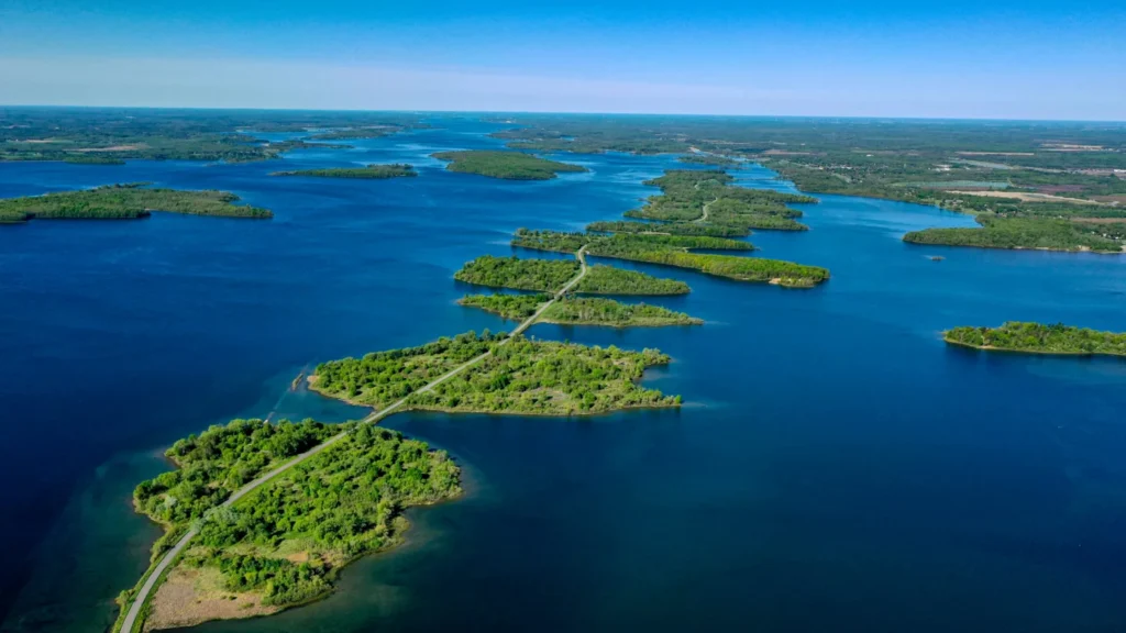 Aerial view of the road linking wooded islands on Long Sault Parkway