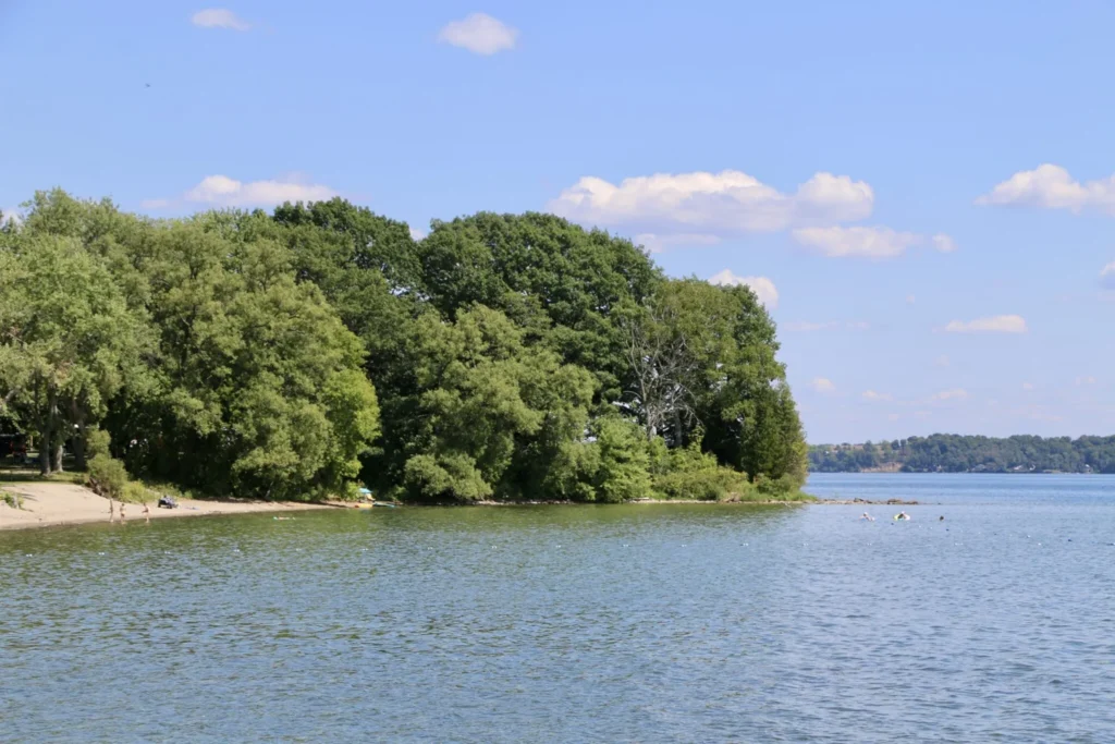 Green trees along a quiet bay beside the St. Lawrence River