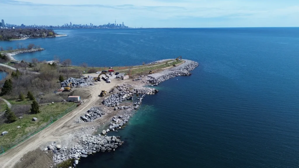 The shoreline and paths at Colonel Samuel Smith Park during TRCA restoration work