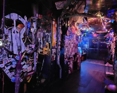 Found objects and colourful lights inside Bovine Sex Club