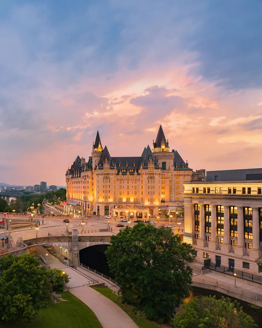 Chateau Laurier above the Rideau Canal locks at sunset