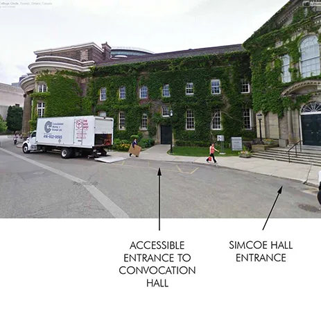 University reference photo pointing out the accessible Convocation Hall doorway beside Simcoe Hall