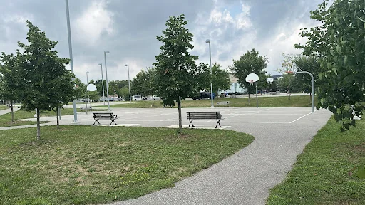Outdoor basketball hoops and benches beside a path at Edithvale Park.