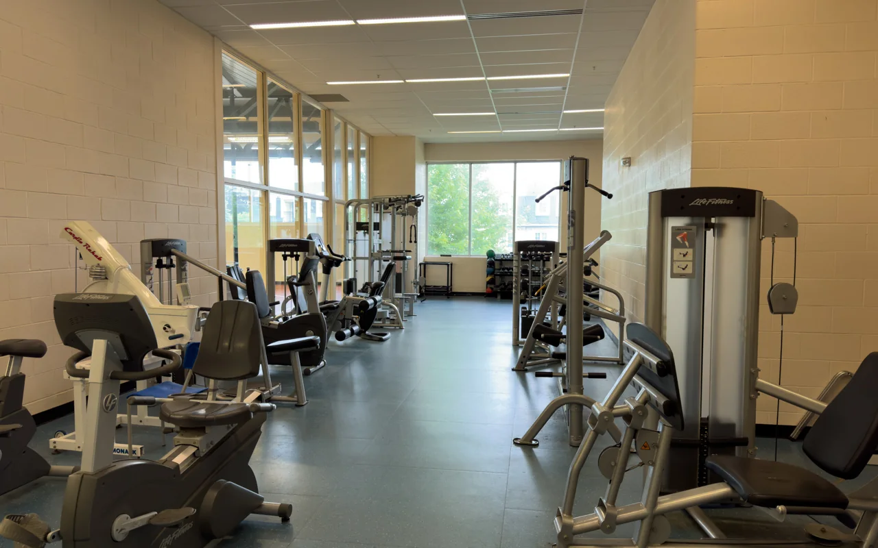 Exercise machines beside the windows in Edithvale’s weight and cardio room.