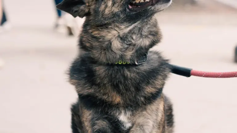 Black dog sitting safely on a leash on a city sidewalk