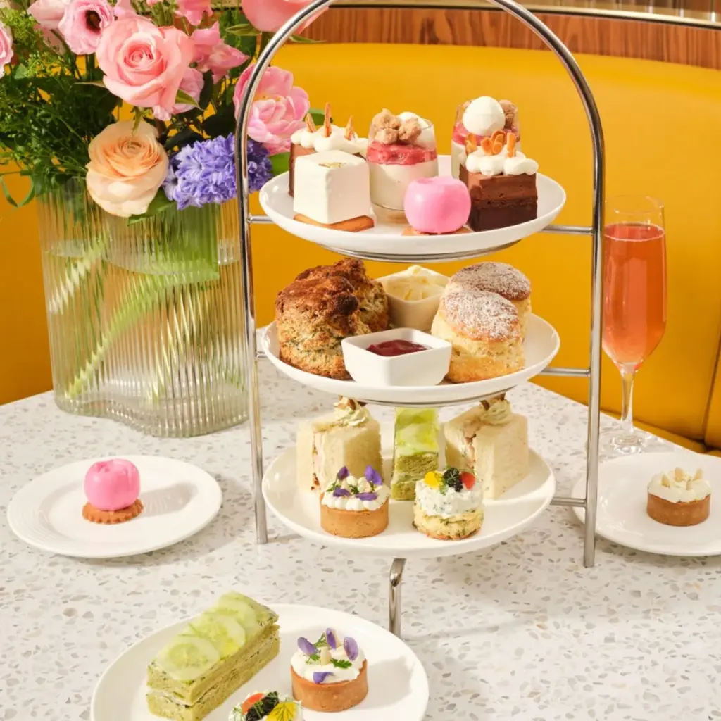 Tiered stand of seasonal pastries and savouries at Holt's Cafe Bloor