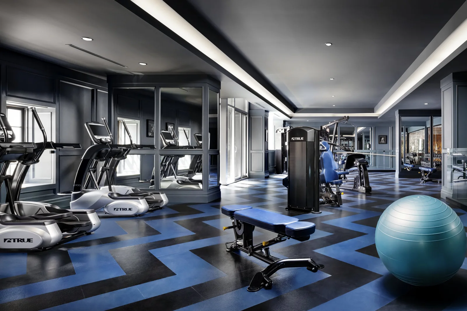 Fitness equipment in Bisha's gym with blue flooring