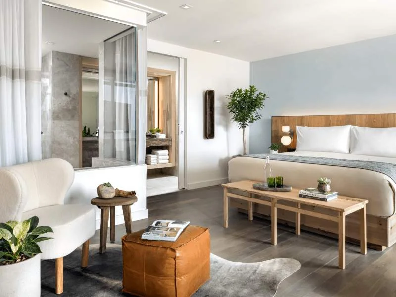 A bright 1 Hotel Toronto bedroom with plants and wooden furniture