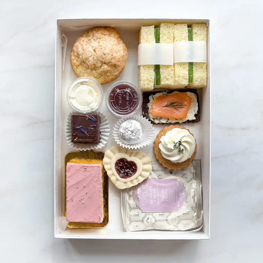 Box of scones, preserves and tea from Kitten and the Bear in Toronto