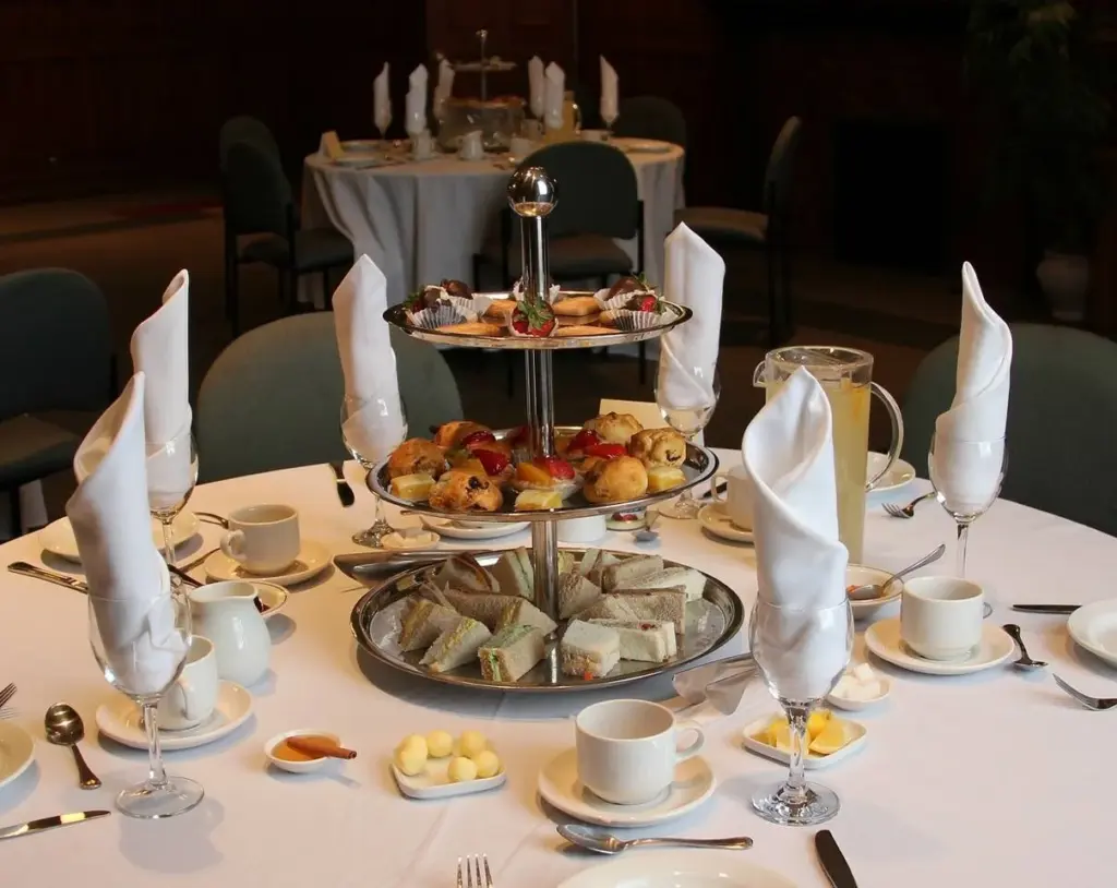 A silver stand of finger sandwiches, scones and sweets at the Ontario Legislature