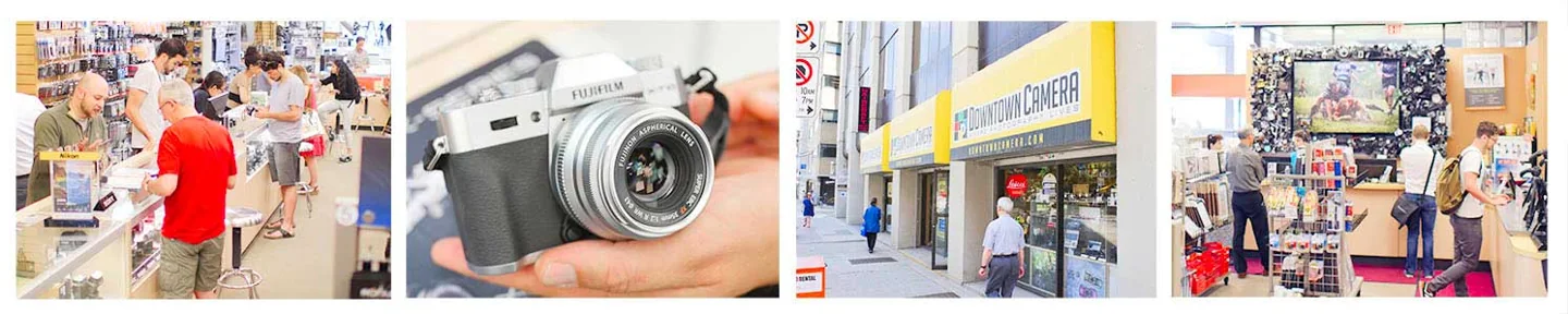 A collage of Downtown Camera interiors, a camera and the shopfront