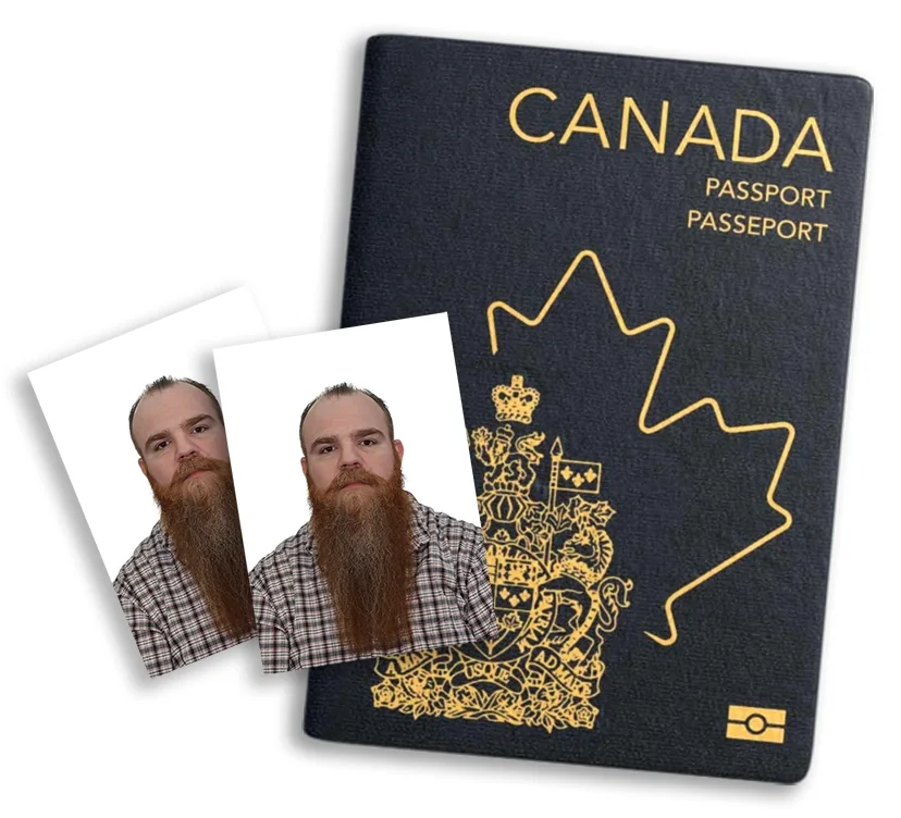 Two printed portraits beside a Canadian passport