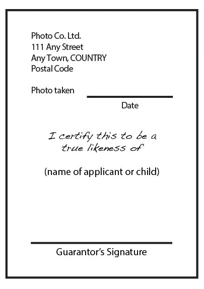 Government example of the studio details, date and guarantor statement on the back of a printed photo