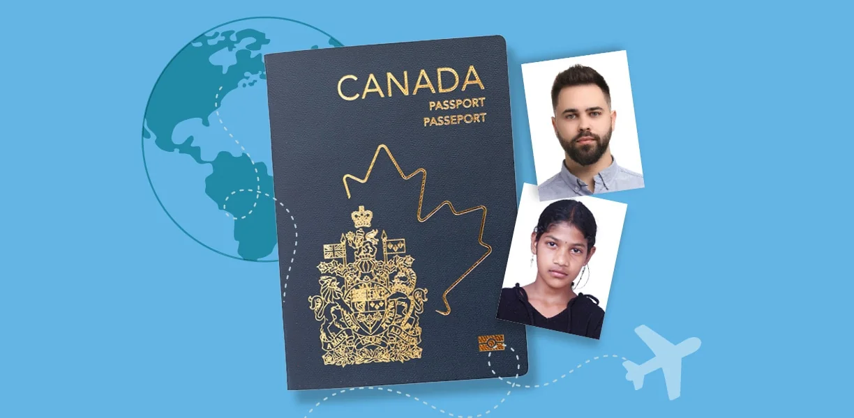 A Canadian passport and two sample ID photos on a blue background