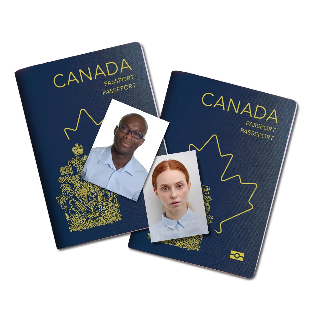 Canadian passports with example portraits of a man and a woman