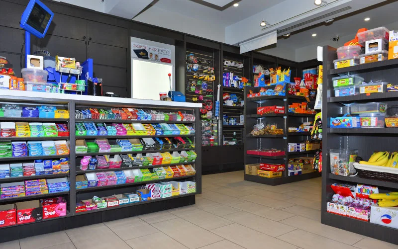 The counter and retail shelves inside Y&Z