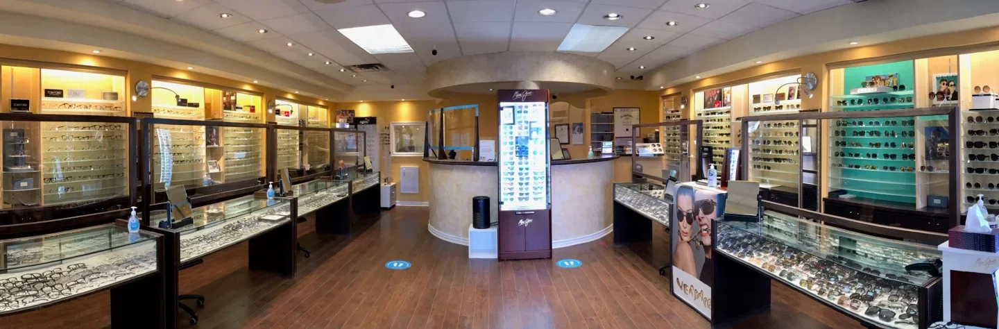 A panoramic view of frame displays at Chinatown Optical