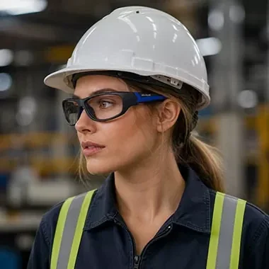 A worker wearing protective glasses and a hard hat in Eyewear Canada’s photograph