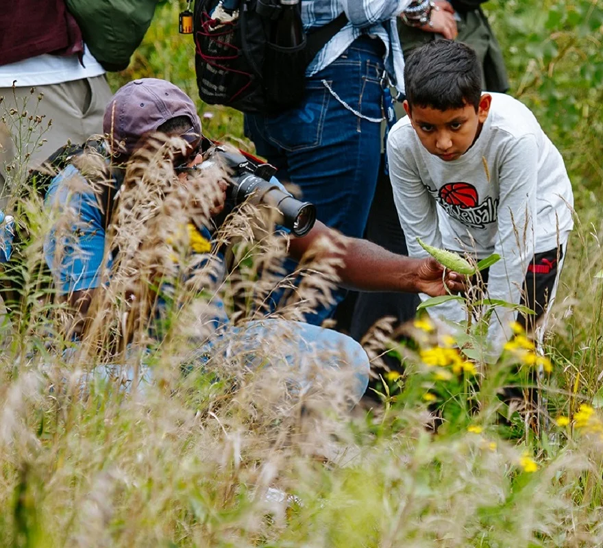 Visitors looking at plants during a guided walk at Tommy Thompson Park