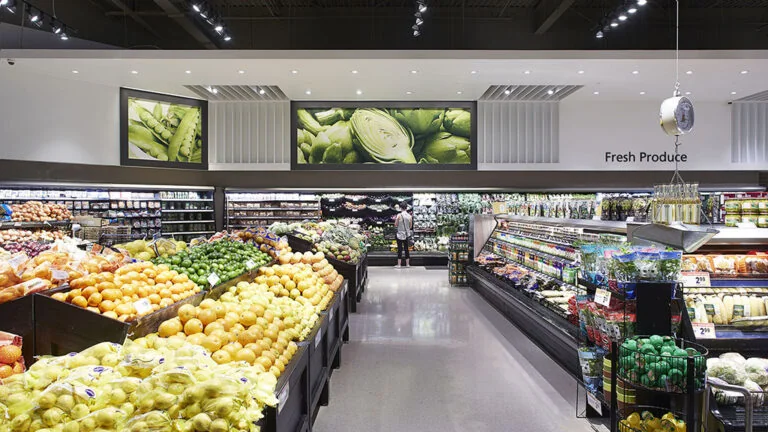 Produce displays inside a Toronto Metro supermarket