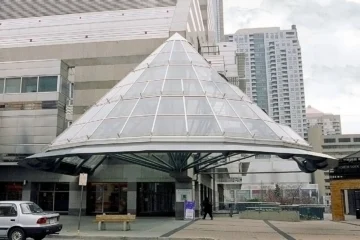 The glass entrance to North York Central Library