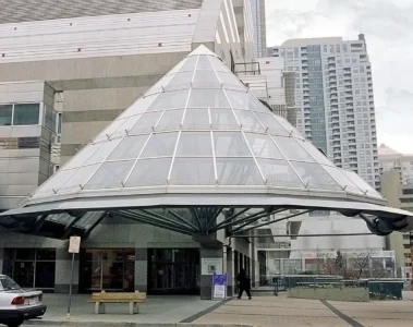 The glass entrance to North York Central Library