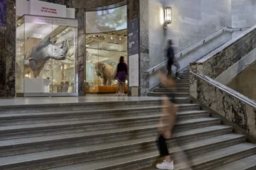Visitors passing a dinosaur skull display beside a ROM staircase