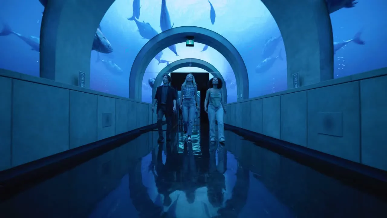 Visitors in a blue-lit room at Arcadia Earth Toronto