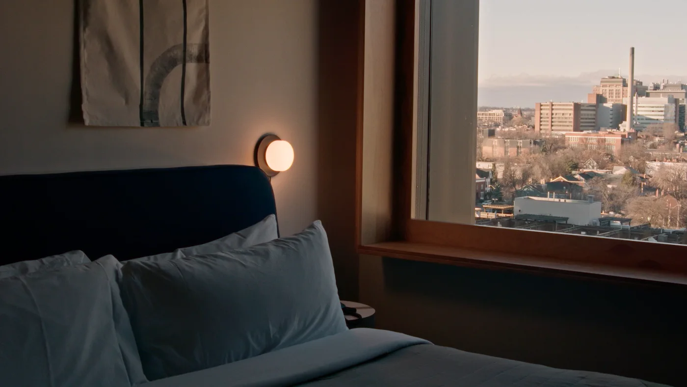 An Ace Hotel Toronto room with a city view