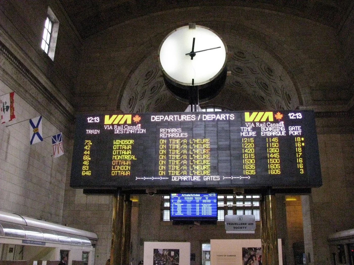 A departures board and clock in Union Station